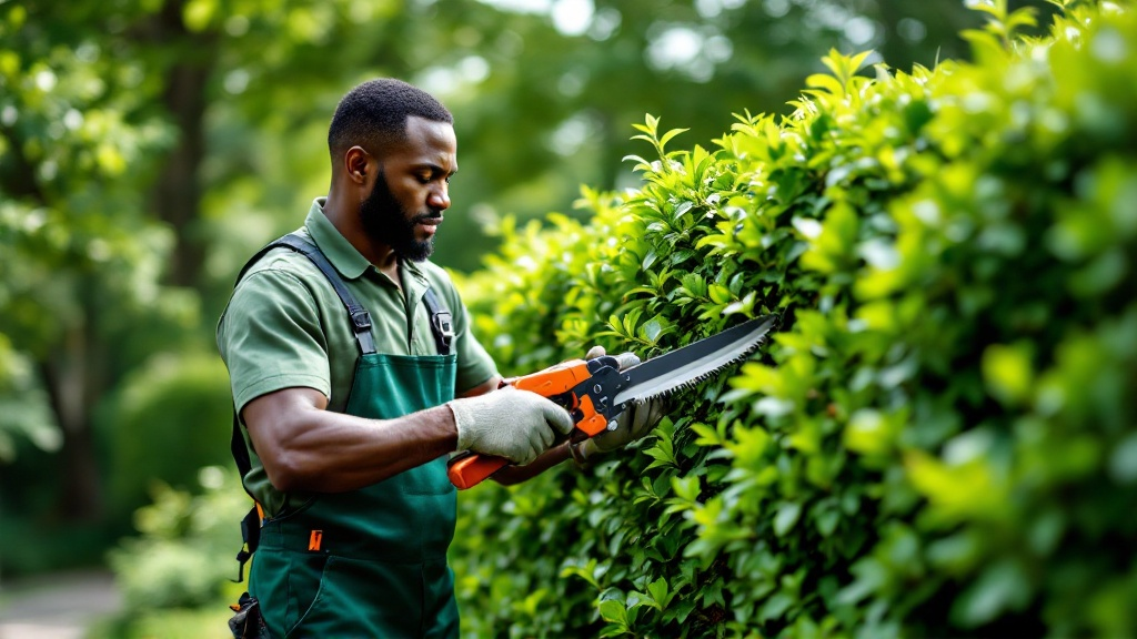 Landscape professional trimming hedges